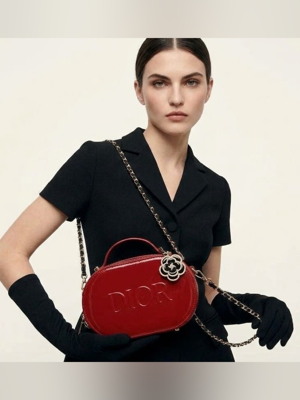 Dior Red Patent Leather Crossbody with Gold-Tone Chain and Floral Charm